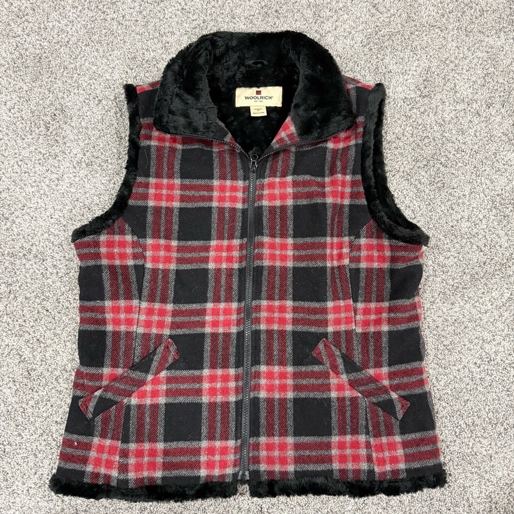 Woolrich Red Black Buffalo Plaid Faux Fur Lined Wool Blend Vest Women’s Medium